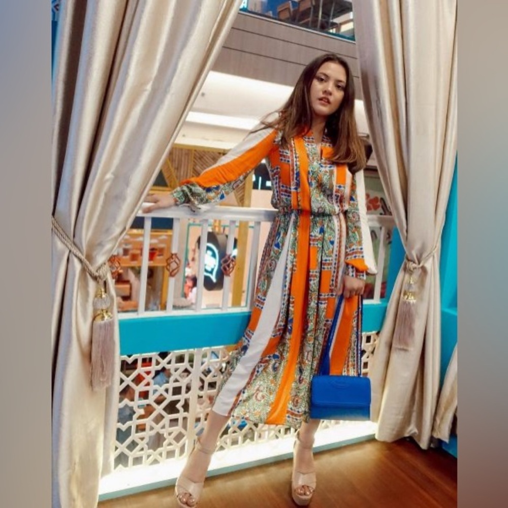 New $598 Tory Burch Long Sleeve Print Midi Dress